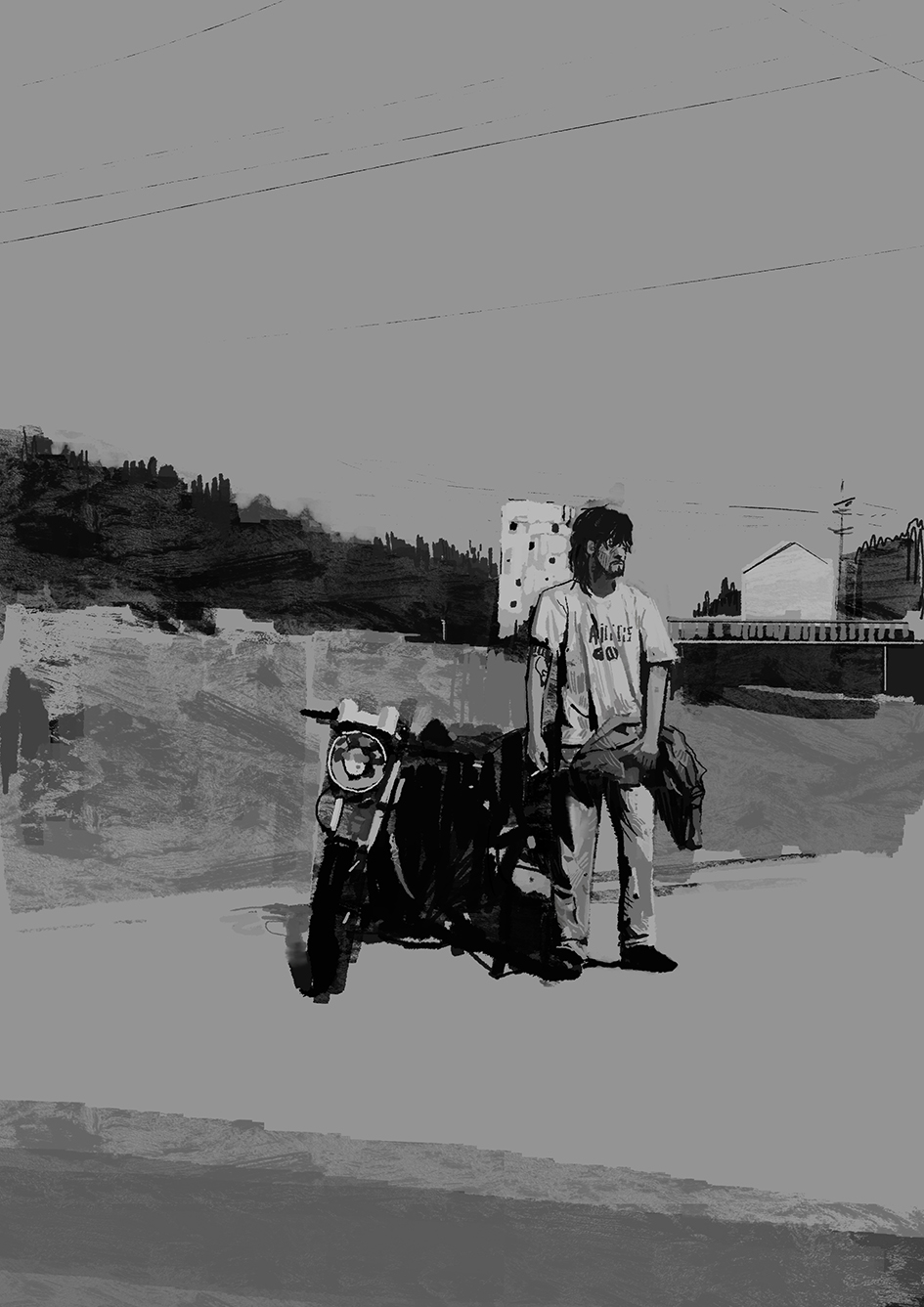 1boy bridge building forest full_body grey_background greyscale highres male_focus monochrome motor_vehicle motorcycle nature original power_lines scenery short_sleeves slow_d solo utility_pole