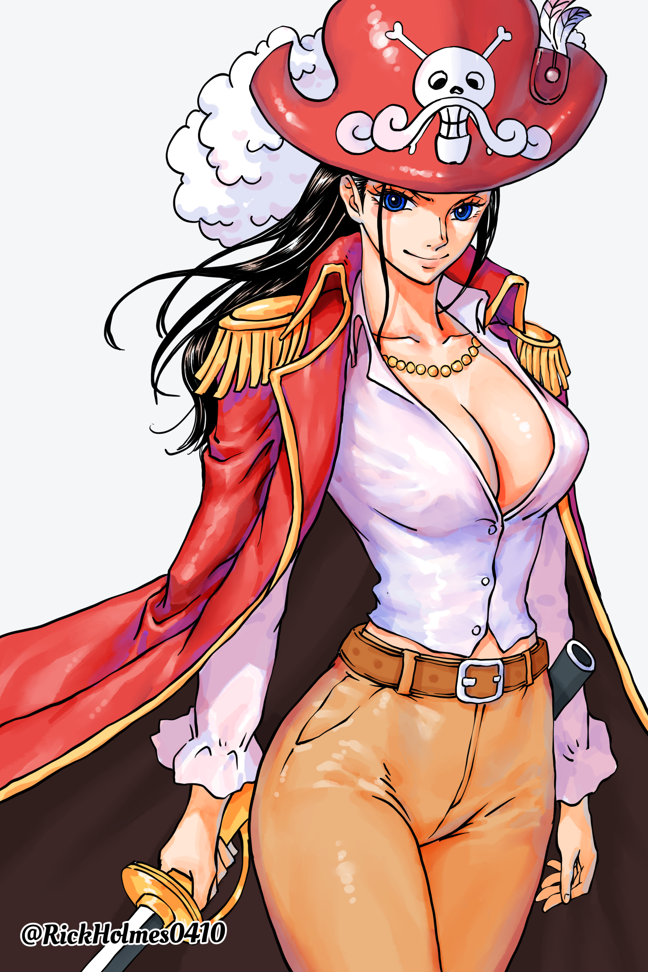 1girl absurdres belt black_hair blue_eyes breasts brown_belt brown_pants center_opening cleavage coat commentary cosplay cowboy_shot english_commentary epaulettes gol_d._roger gol_d._roger_(cosplay) hat highres holding holding_sword holding_weapon jewelry large_breasts long_hair long_sleeves looking_at_viewer necklace nico_robin one_piece pants pearl_necklace pirate_costume pirate_hat red_coat red_hat rickholmes0410 shirt simple_background skull_and_crossbones skull_print smile solo sword twitter_username weapon white_background white_shirt