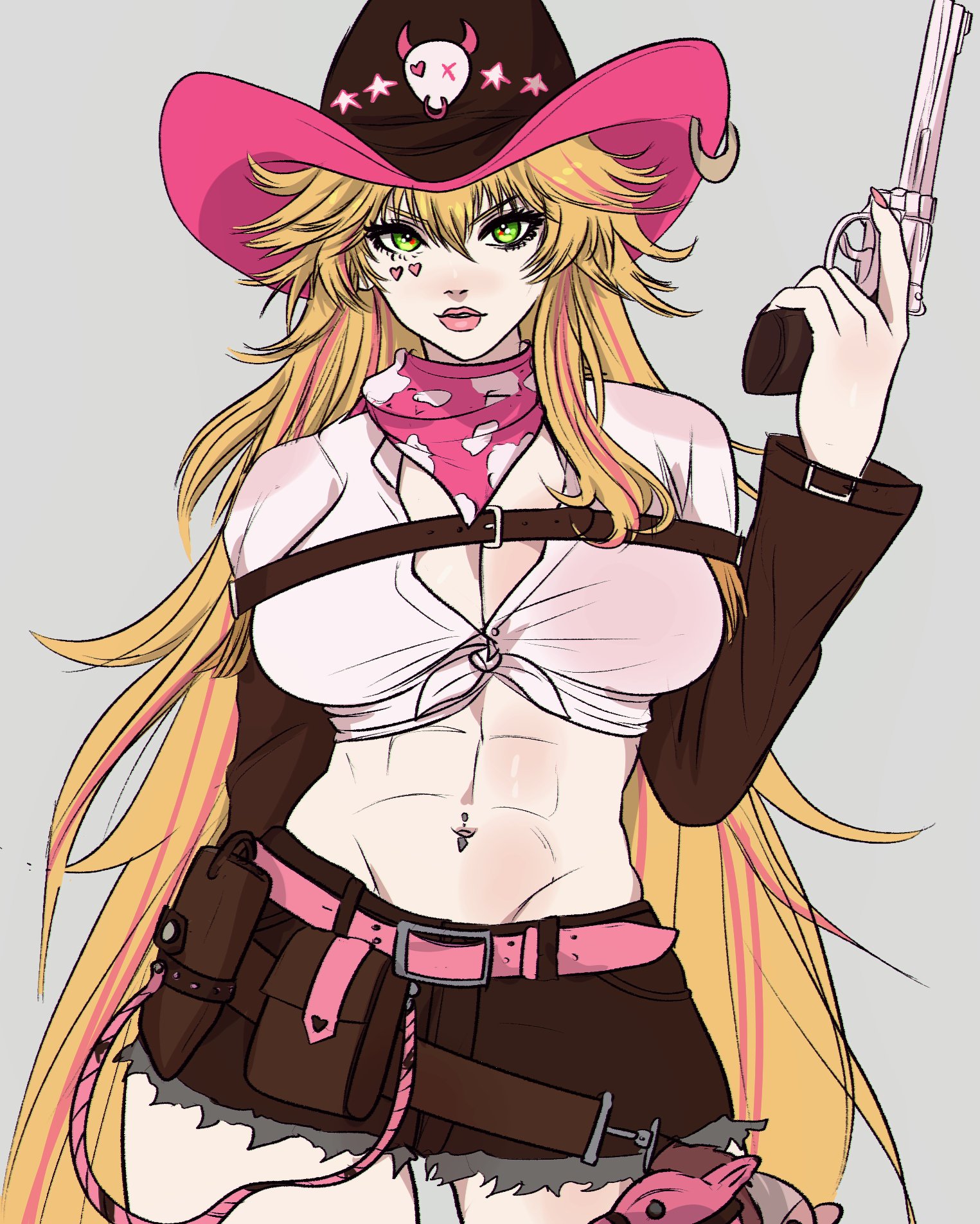 1girl abs animal_print bandana belt blonde_hair breasts brown_shorts brown_sleeves commentary commission cow_print cowboy_hat cowgirl_(western) detached_sleeves facial_mark front-tie_top green_eyes grey_background gun hair_between_eyes hat heart heart_facial_mark highres holding holding_gun holding_weapon large_breasts long_hair looking_at_viewer lulu_lasso midriff multicolored_hair navel_piercing nexas_(vtuber) piercing pink_bandana pink_belt pink_hair second-party_source shirt shorts solo streaked_hair torn_clothes torn_shorts very_long_hair virtual_youtuber weapon white_shirt yoracrab