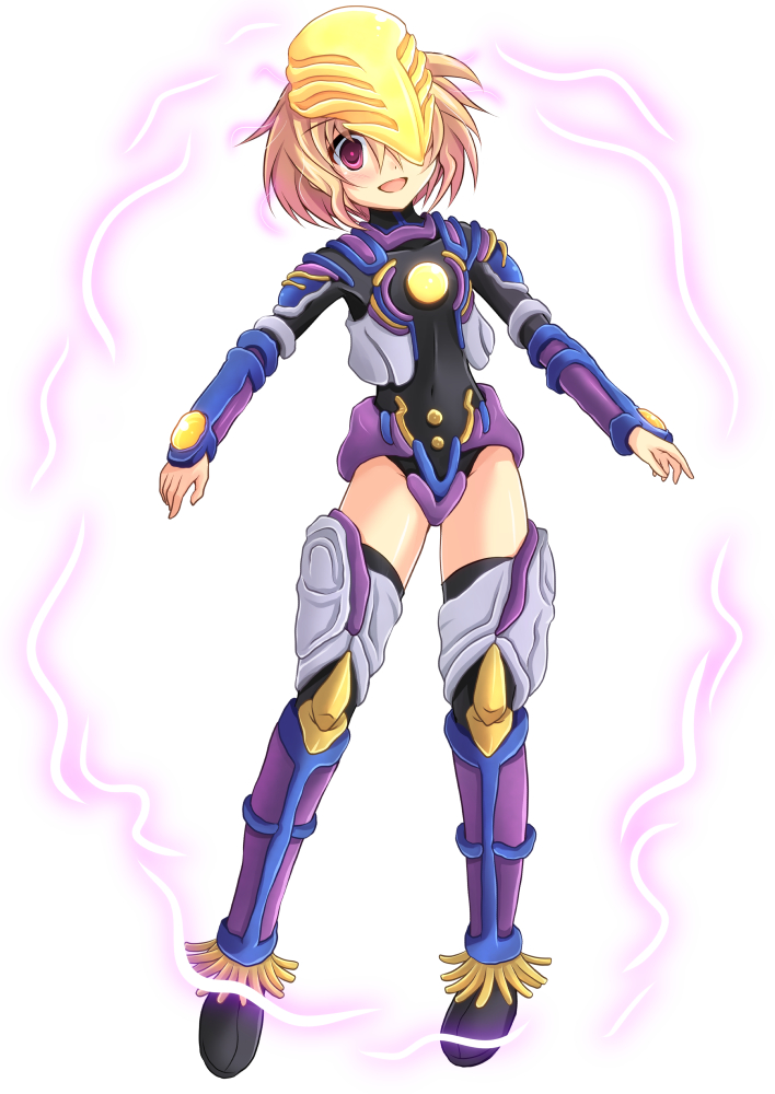 1girl armor aura black_footwear black_leotard blue_armor blush boots brown_hair crazy_eyes cross_(crossryou) greeza grey_armor headpiece leotard long_sleeves looking_at_viewer monster_girl one_eye_covered open_mouth personification purple_armor purple_eyes short_hair smile standing thigh_boots thighhighs ultra_series ultraman_x_(series) yellow_armor