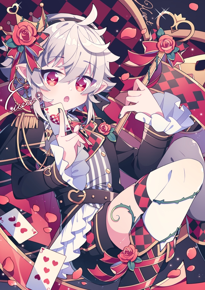 1boy belt boots card crown flower frills heart heart-shaped_pupils heart_card holding holding_staff hyou_(pixiv3677917) male_focus original plant queen_of_hearts_(alice_in_wonderland) red_eyes red_flower red_rose rose staff symbol-shaped_pupils thighhighs vines white_hair white_thighhighs