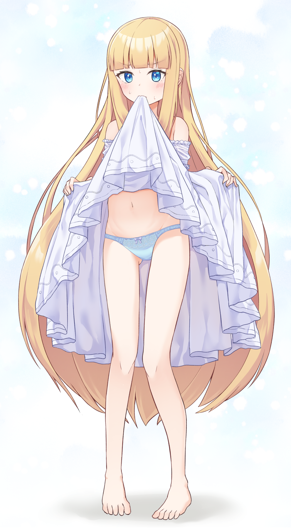 1girl barefoot blonde_hair blue_eyes blue_panties blush bow bow_panties clothes_in_mouth clothes_lift commentary_request commission dress dress_in_mouth dress_lift full_body highres lifting_own_clothes long_hair mouth_hold navel nenosame original panties pleated_dress skeb_commission solo sweat toes underwear very_long_hair white_dress