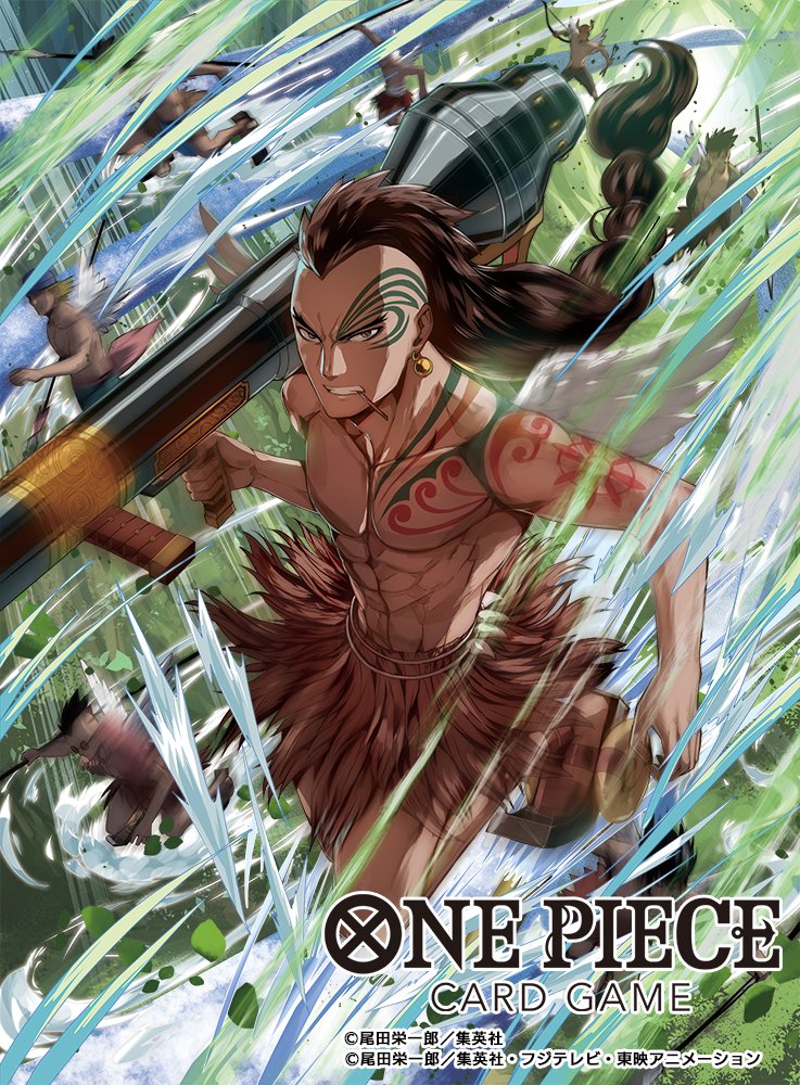 abs brown_hair chest_tattoo cigarette commentary_request copyright_name earrings facial_tattoo holding holding_weapon jewelry kamakiri_(one_piece) long_hair looking_at_viewer male_focus mohawk moreshan motion_lines multiple_boys official_art one_piece one_piece_card_game skirt tattoo weapon white_wings wind wings wyper_(one_piece)