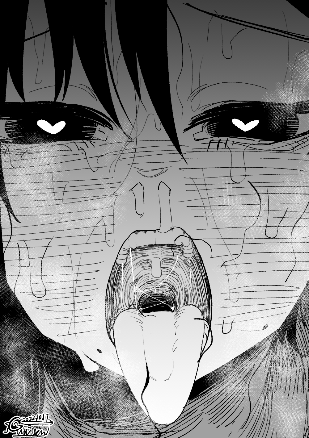 1girl asahina_yoshitoshi chainsaw_man close-up crying crying_with_eyes_open dated greyscale hair_between_eyes heart heart-shaped_pupils higashiyama_kobeni highres looking_at_viewer mole mole_under_mouth monochrome open_mouth oral_invitation portrait runny_nose sloppy_blowjob_devil_(meme) snot solo stray_pubic_hair sweat symbol-shaped_pupils tears teeth tongue tongue_out uvula