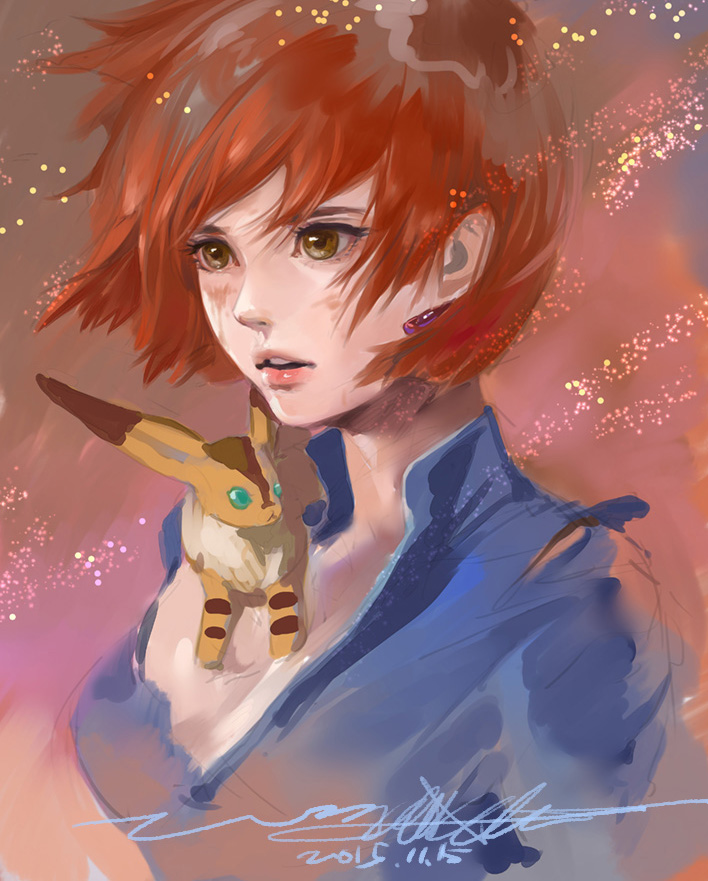 1girl amatiz brown_eyes commentary dated earrings embers high_collar jewelry kaze_no_tani_no_nausicaa looking_ahead nausicaa parted_lips red_hair short_hair signature teto_(nausicaa) upper_body