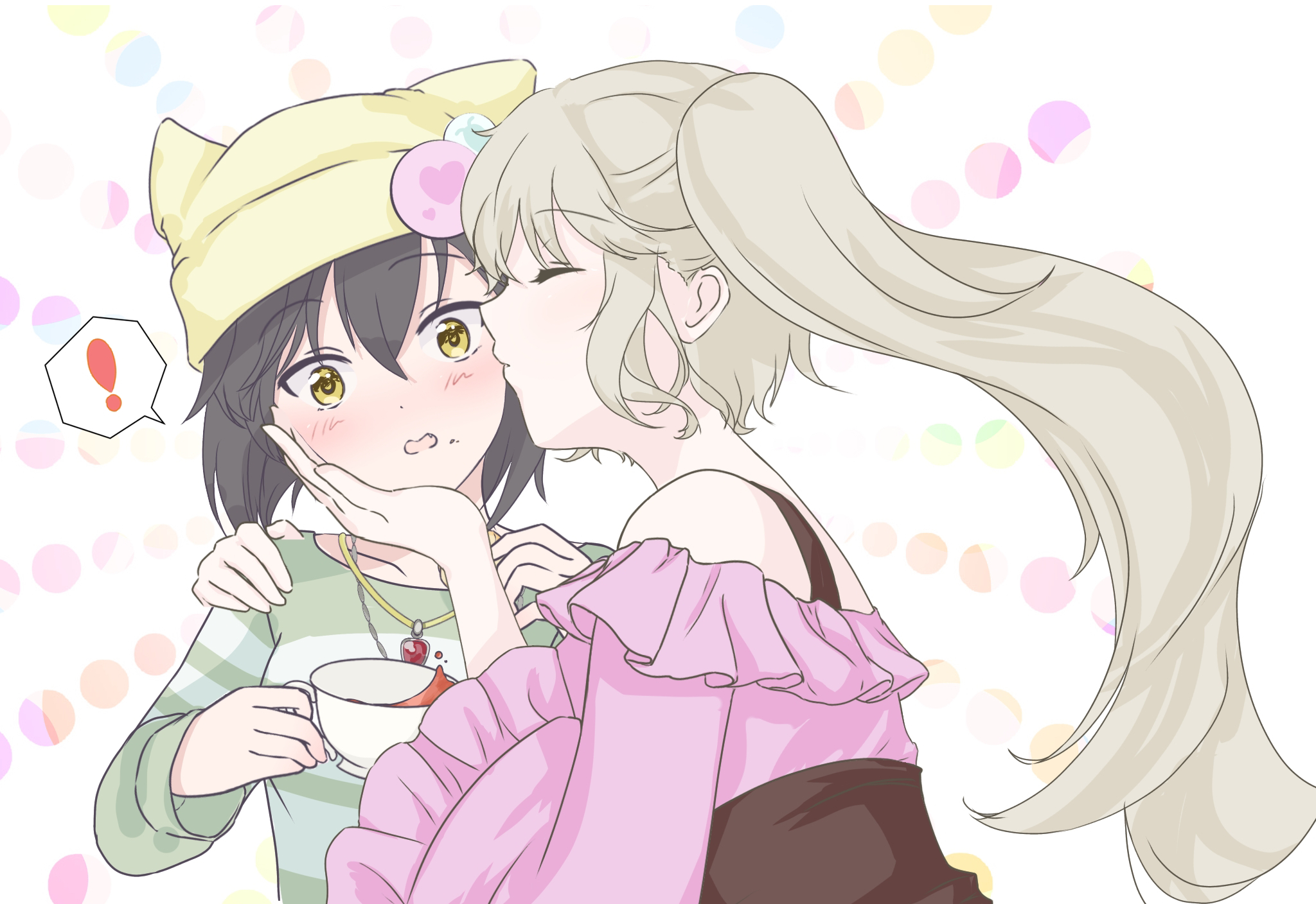 2girls black_hair blush closed_eyes green_shirt highres kiss kissing_cheek konzamurai kure_kirika long_hair looking_at_viewer magia_record:_mahou_shoujo_madoka_magica_gaiden mahou_shoujo_madoka_magica mahou_shoujo_oriko_magica medium_hair mikuni_oriko multiple_girls shirt side_ponytail strapless striped_clothes striped_shirt surprise_kiss surprised white_hair
