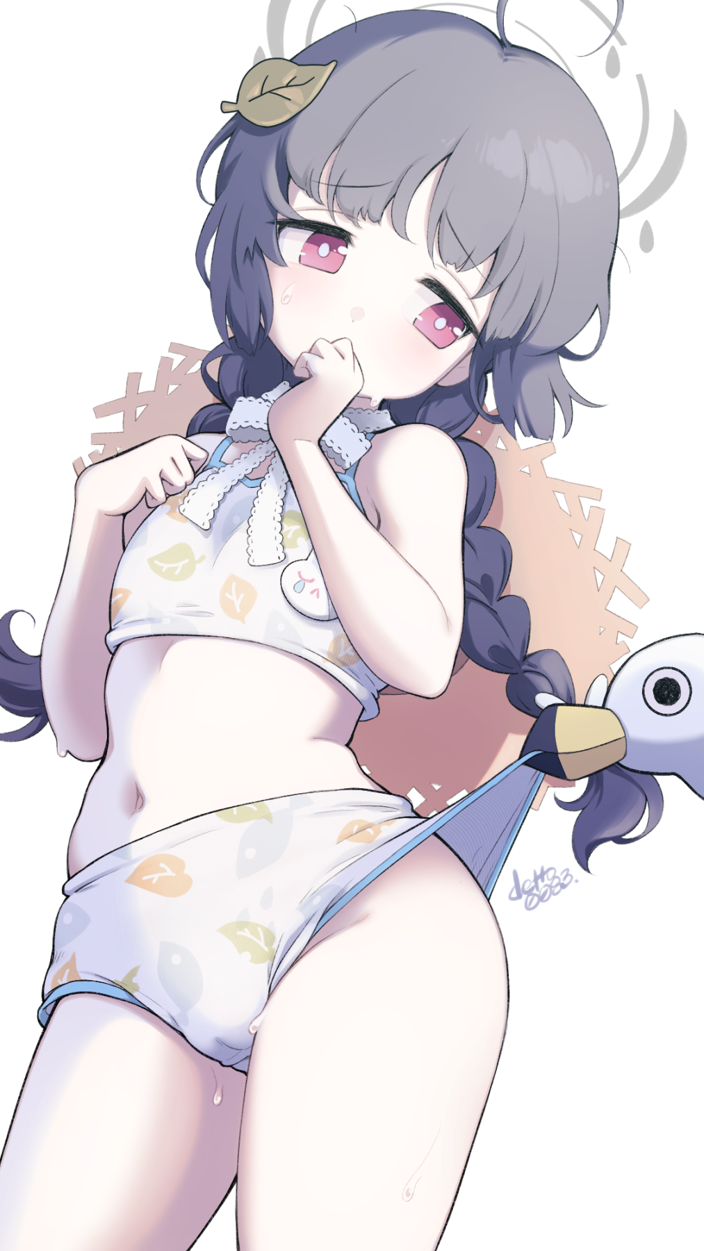 1girl ahoge assisted_exposure bare_arms bare_shoulders bikini bird black_hair blue_archive braid commentary_request covered_mouth cowboy_shot deto furrowed_brow grey_halo halo hat hat_on_back highres leaf leaf_on_head leaf_print long_hair low_twin_braids miyu_(blue_archive) miyu_(swimsuit)_(blue_archive) navel official_alternate_costume pelican print_bikini red_eyes seagull sideways_glance signature simple_background solo stomach straw_hat sweatdrop swimsuit twin_braids unworn_hat unworn_headwear white_background white_bikini