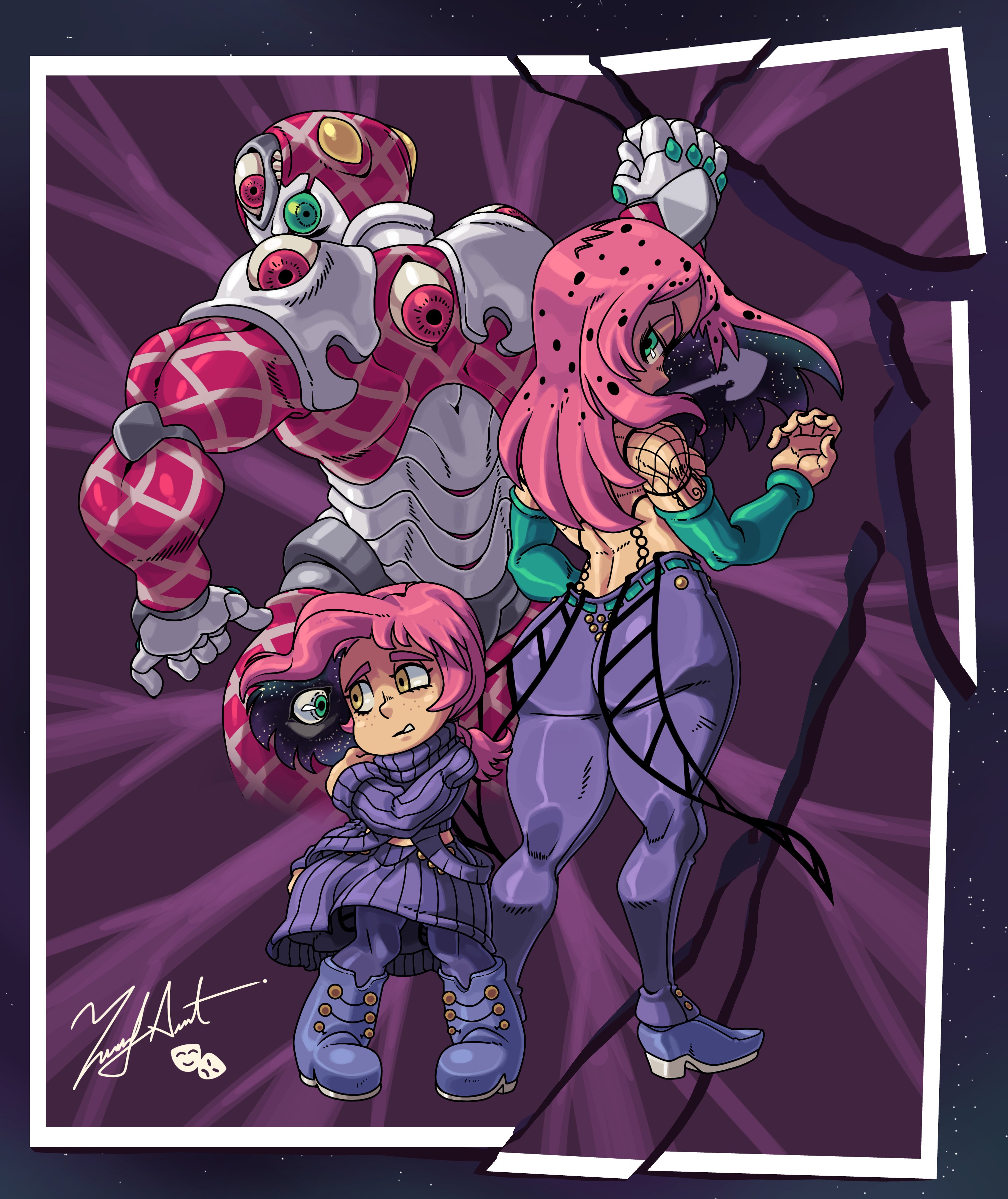absurdres cosplay costume_switch diavolo highres hungern_(skullgirls) jojo_no_kimyou_na_bouken king_crimson_(stand) krieg_(skullgirls) parasoul_(skullgirls) skullgirls tagme umbrella_(skullgirls) vinegar_doppio zuesart