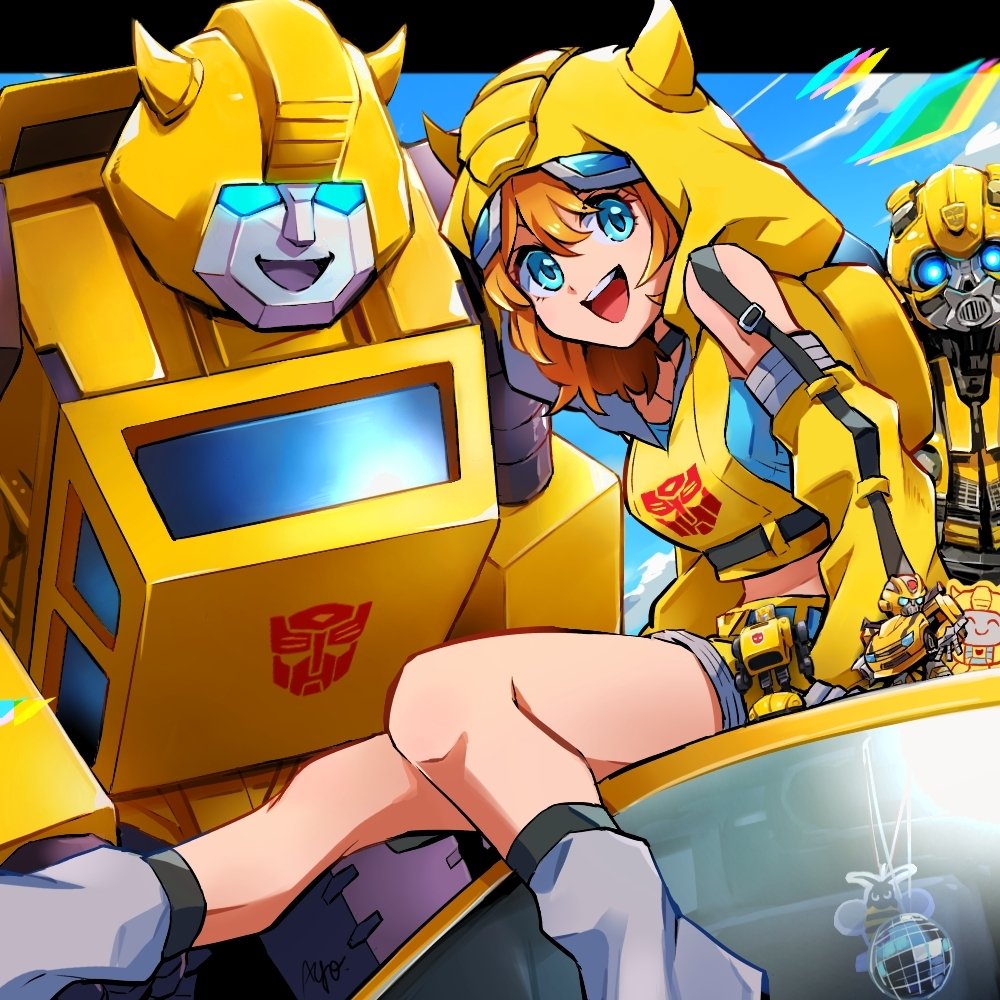 1girl autobot ayo_(ayosanri009) belt blonde_hair blue_belt blue_eyes bumblebee_(kotobukiya_bishoujo)_(transformers) bumblebee_(transformers) glowing glowing_eyes grey_leg_warmers helmet hood hoodie horns insignia kotobukiya_bishoujo leg_warmers mecha robot science_fiction shorts sleeveless sleeveless_hoodie transformers transformers:_generation_1 transformers_(live_action) yellow_hoodie yellow_shorts