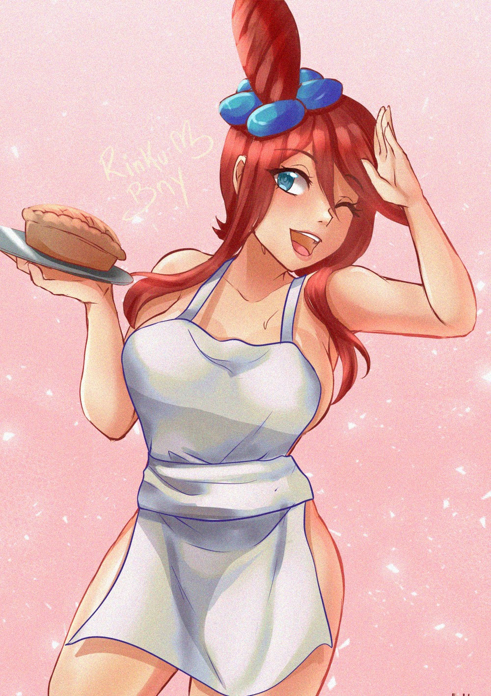 1girl apron blue_eyes breasts creatures_(company) food game_freak large_breasts long_hair naked_apron nintendo one_eye_closed pie plate pokemon pokemon_bw red_hair rinku_bny skyla_(pokemon)