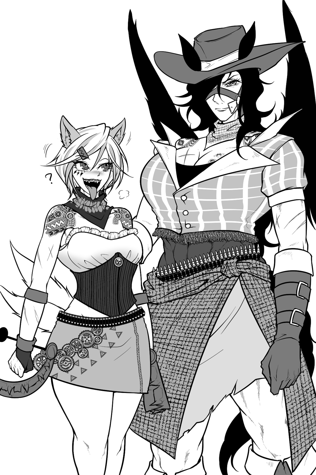 2girls ? animal_ears bandana bandolier bear_trap belt breasts bullet cleavage closed_mouth commentary_request cowboy_hat cowboy_shot dog_ears dog_girl dog_tail ears_through_headwear ears_up feathered_wings gloves greyscale hat highres horse_ears horse_tail kurokoma_saki large_breasts looking_at_viewer medium_breasts mitsugashira_enoko monochrome multiple_girls multiple_tails ryuuichi_(f_dragon) shirt short_hair short_sleeves shoulder_tattoo simple_background skirt strapless strapless_shirt tail tattoo tongue tongue_out touhou wings