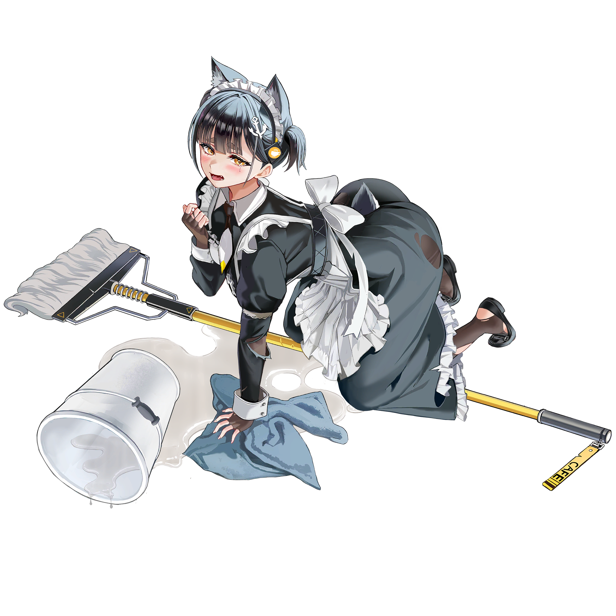 1girl all_fours anchor_hair_ornament animal_ear_fluff animal_ears apron ass black_dress black_footwear black_hair black_necktie blush breasts brown_gloves brown_thighhighs bucket bucket_spill collar collared_dress defeat dog_ears dog_girl dog_tail dress elbow_gloves english_text fang fingerless_gloves frilled_apron frilled_skirt frills full_body game_cg gloves hair_ornament hand_on_ground high_heels highres last_origin layered_skirt long_skirt long_sleeves looking_at_viewer looking_up maid maid_apron maid_headdress medium_breasts mop multicolored_necktie necktie official_alternate_costume official_art open_mouth puffy_sleeves pumps ribbon short_hair short_necktie short_twintails simple_background skirt skirt_under_dress slit_pupils solo spill tachi-e taesi tag tail tearing_up thick_eyebrows thighhighs third-party_source tongue torn_clothes torn_dress torn_gloves torn_ribbon torn_sleeves torn_thighhighs towel transparent_background twintails vargr_(last_origin) water white_apron white_collar white_necktie white_ribbon wiping wrist_cuffs yellow_eyes yellow_necktie