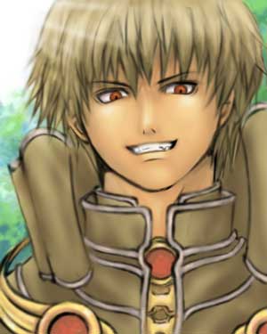 1boy brown_cape brown_hair cape commentary_request feliciel green_background grin looking_at_viewer lowres male_focus ragnarok_online red_eyes sage_(ragnarok_online) short_hair smile solo upper_body