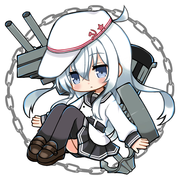 1girl :&lt; anchor black_sailor_collar black_skirt black_thighhighs blue_eyes chain chibi closed_mouth commentary flat_cap grey_hair hair_between_eyes hammer_and_sickle hat hibiki_(kancolle) jacket kantai_collection long_hair long_sleeves multicolored_hair pleated_skirt rikaon sailor_collar shoes simple_background skirt solo star_(symbol) thighhighs verniy_(kancolle) white_background white_hair white_hat white_jacket