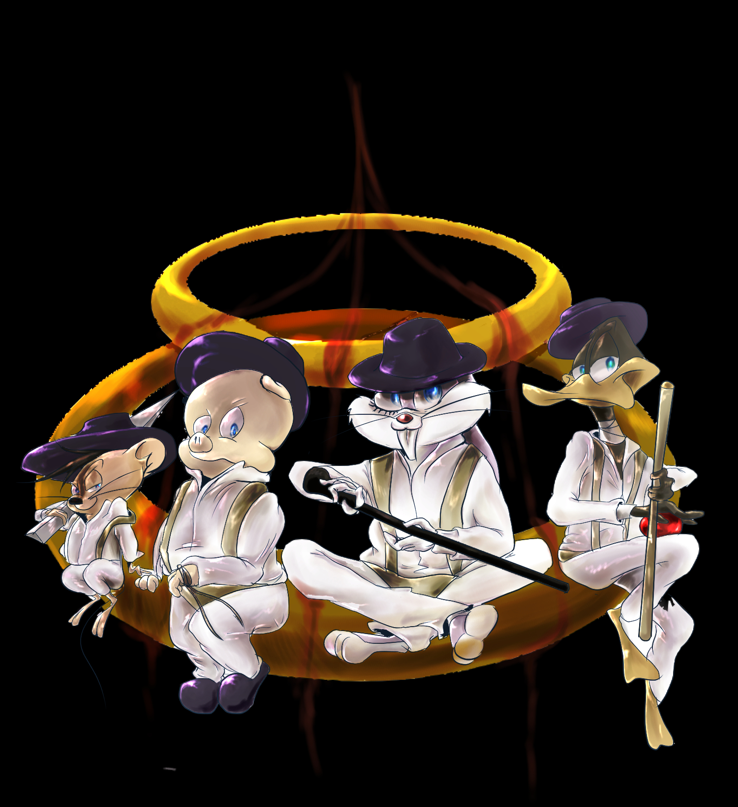 4boys a_clockwork_orange alex_delarge_(cosplay) bird black_background blue_eyes bugs_bunny cosplay daffy_duck duck highres looney_tunes mexico mouse_(animal) multiple_boys pig porky_pig speedy_gonzales tagme warner_bros.