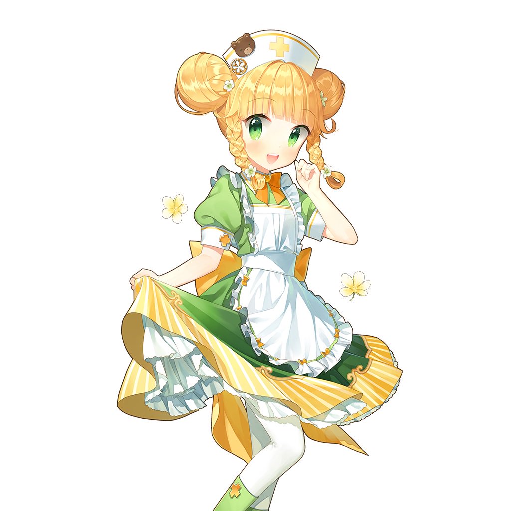 1girl apron blonde_hair boots braid double_bun dress frilled_apron frilled_dress frills green_boots green_dress green_eyes hair_bun hat knee_boots nurse nurse_cap pantyhose puffy_sleeves salt_(salty) sapphire_emerald short_sleeves twin_braids twintails uchi_no_hime-sama_ga_ichiban_kawaii white_apron white_pantyhose