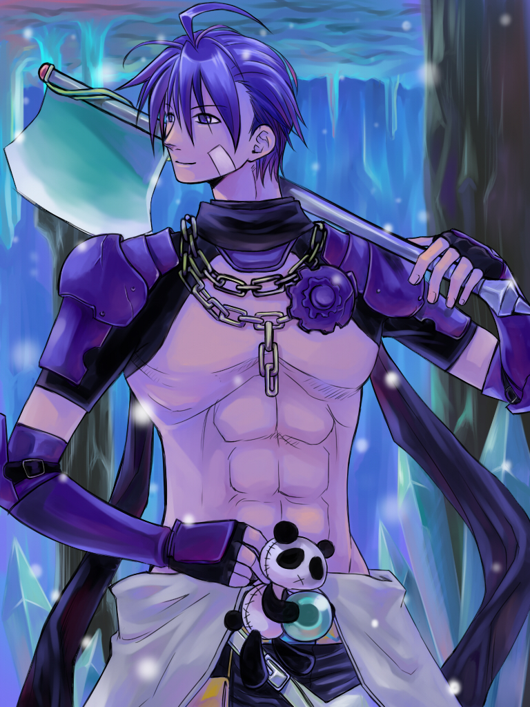 1boy abs armor axe bandaid bandaid_on_cheek bandaid_on_face black_gloves cave_interior chain chain_necklace closed_mouth cowboy_shot fingerless_gloves gloves grey_jumpsuit holding holding_axe ice_cave itsuru jewelry jumpsuit jumpsuit_around_waist looking_afar male_focus mechanic_(ragnarok_online) necklace pauldrons pectorals purple_armor purple_eyes purple_hair ragnarok_online short_hair shoulder_armor shrug_(clothing) smile solo stuffed_animal stuffed_panda stuffed_toy vambraces