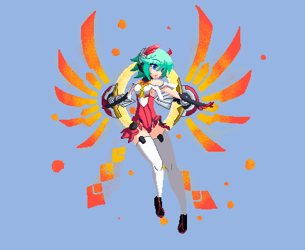 1girl aeonimitate azure_striker_gunvolt azure_striker_gunvolt_2 bare_shoulders blue_background energy_wings green_hair headgear leotard lowres pixel_art red_leotard roro_(gunvolt) simple_background solo strapless strapless_leotard thighhighs under_night_in-birth white_leotard white_thighhighs