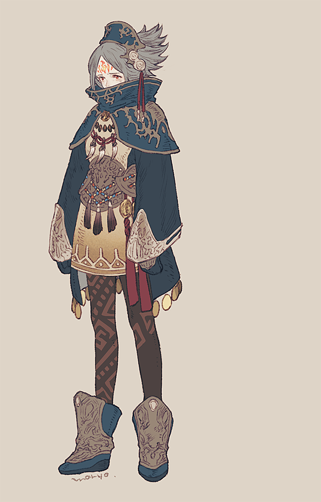 1girl bad_id bad_twitter_id blue_mittens boots brown_pantyhose covered_mouth full_body grey_background grey_hair long_sleeves mittens moryo original pantyhose red_eyes signature simple_background solo standing wide_sleeves