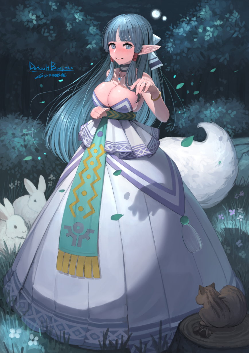 1girl bare_shoulders black_bow blue_eyes blue_hair blush bow breasts cleavage commission dress eguchi_tumoru frilled_dress frills full_body grass hair_bow hands_up highres jewelry large_breasts leaf long_dress long_hair looking_at_viewer necklace night night_sky olha_(ys) outdoors parted_bangs parted_lips pearl_necklace pointy_ears ring skeb_commission sky smile solo squirrel standing tree two-tone_bow wedding_dress wedding_ring white_bow white_dress white_rabbit_(animal) ys ys_vi:_the_ark_of_napishtim