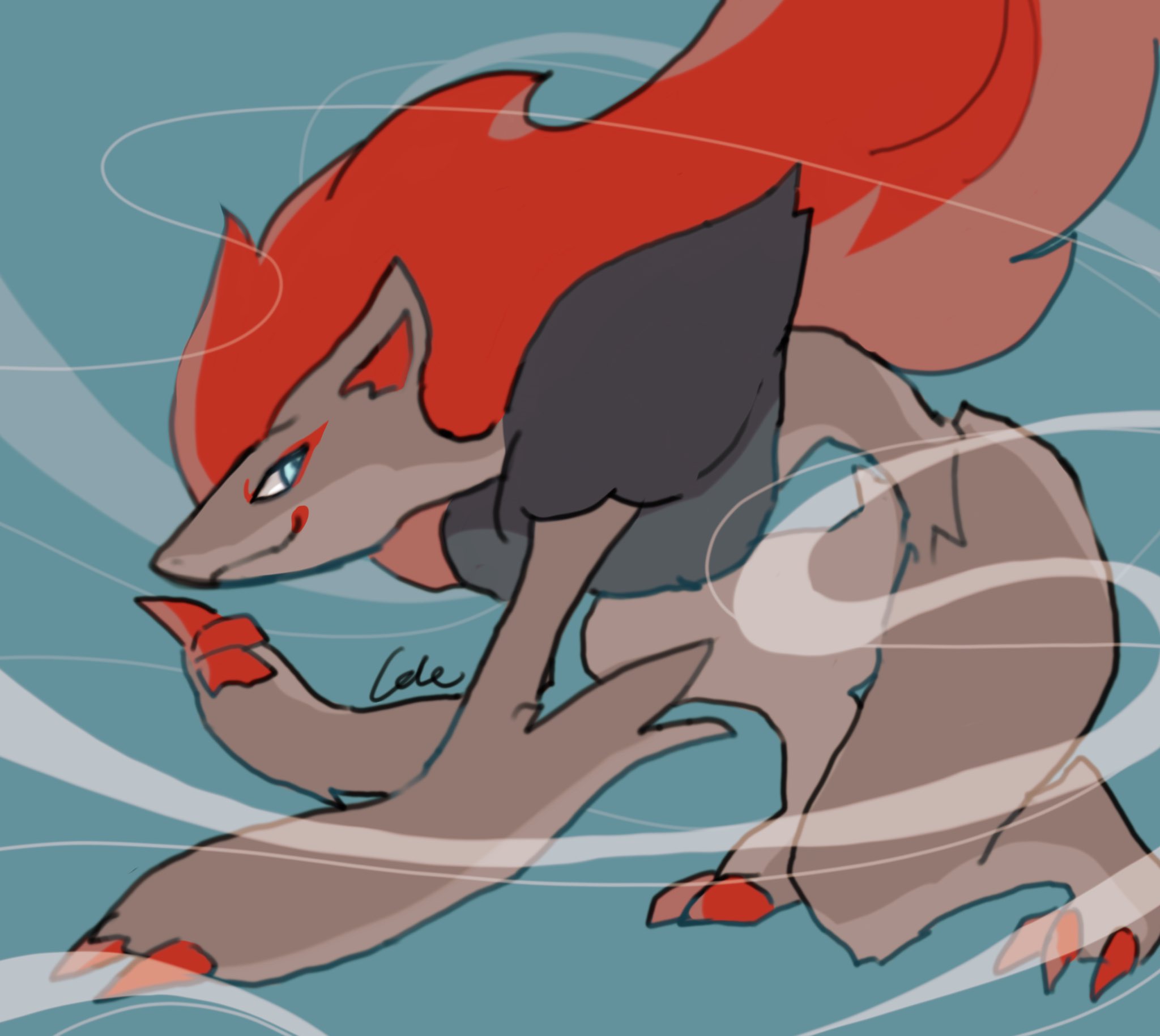arm_up blue_background blue_eyes claws closed_mouth commentary floating_hair full_body game_freak gen_5_pokemon highres lole_pokemon looking_back nintendo pokemon pokemon_(creature) profile red_hair smile wind zoroark