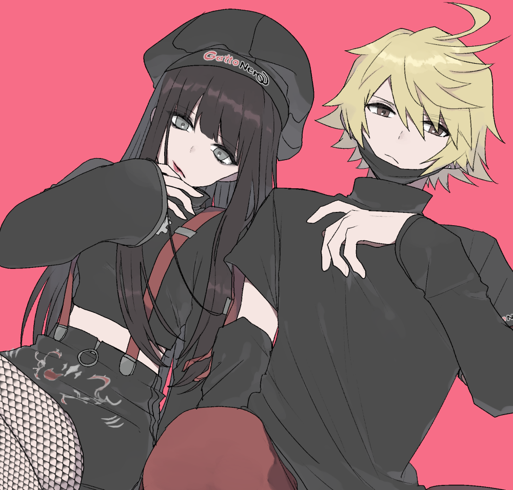 1boy 1girl ahoge alternate_costume black_hair black_hat black_mask black_shirt black_skirt blonde_hair brown_eyes closed_mouth commentary_request fishnet_pantyhose fishnets grey_eyes hat height_difference jyaco7777 kanade_rindo lips long_hair long_sleeves looking_at_viewer mask midriff mouth_mask pants pantyhose pink_background red_lips red_pants sakurane_shoka shin_subarashiki_kono_sekai shirt short_sleeves simple_background skirt subarashiki_kono_sekai suspenders unworn_mask