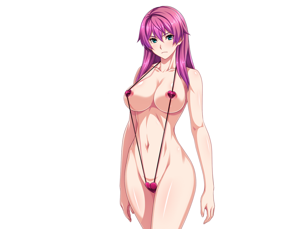 1girl aqua_eyes areola_slip bikini breasts cameltoe collarbone covered_erect_nipples cowboy_shot game_cg gentle_sasaki large_breasts large_variant_set long_hair looking_at_viewer navel non-web_source official_art pink_hair purple_hair shindou_hatsune slingshot_swimsuit solo soukou_senki_prism_reica swimsuit transparent_background variant_set