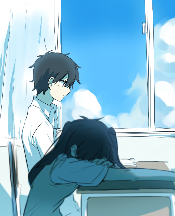 1boy 1girl aaniko black_eyes black_hair blue_sky chair closed_mouth cloud collared_shirt commentary_request curtains day desk enomoto_takane facing_down from_side hair_between_eyes head_on_table head_rest indoors kagerou_project kokonose_haruka long_hair looking_down mole mole_under_eye on_chair open_collar pale_skin partial_commentary profile school_desk shirt short_hair short_sleeves sitting sketch sky sleeping sleeping_upright smile summer_uniform sweater_vest twintails upper_body white_shirt window yellow_sweater_vest