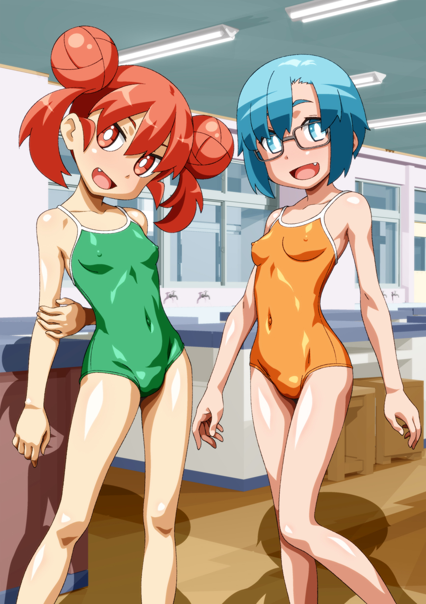 2girls arm_behind_back blush breasts bright_pupils cameltoe carinae ceiling collarbone commentary_request covered_erect_nipples covered_navel double_bun fang faucet glasses green_one-piece_swimsuit hair_between_eyes hair_bun head_tilt highres indoors knees looking_at_viewer multiple_girls one-piece_swimsuit open_mouth orange_eyes orange_hair orange_one-piece_swimsuit school_swimsuit shiny_skin short_hair small_breasts standing stool swimsuit table tongue ueno-san_wa_bukiyou ueno_(ueno-san_wa_bukiyou) unogawa white_pupils