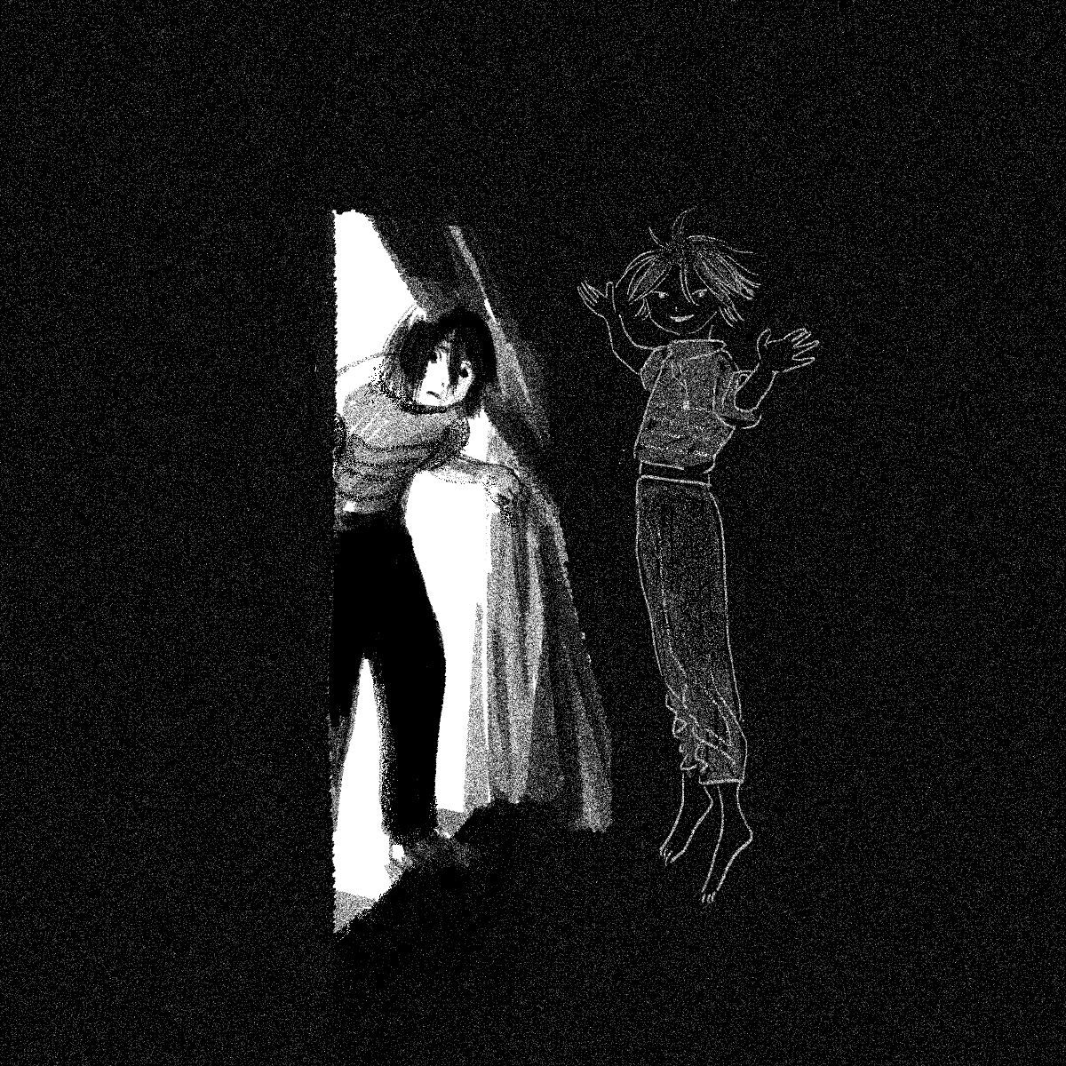 2boys amber389 closed_mouth commentary curtains dark doorway english_commentary floating floating_hair frown greyscale hair_between_eyes highres leaning_forward looking_at_viewer looking_to_the_side male_focus monochrome multiple_boys nervous original pants shirt short_hair short_sleeves smile standing striped_clothes striped_shirt wide_shot