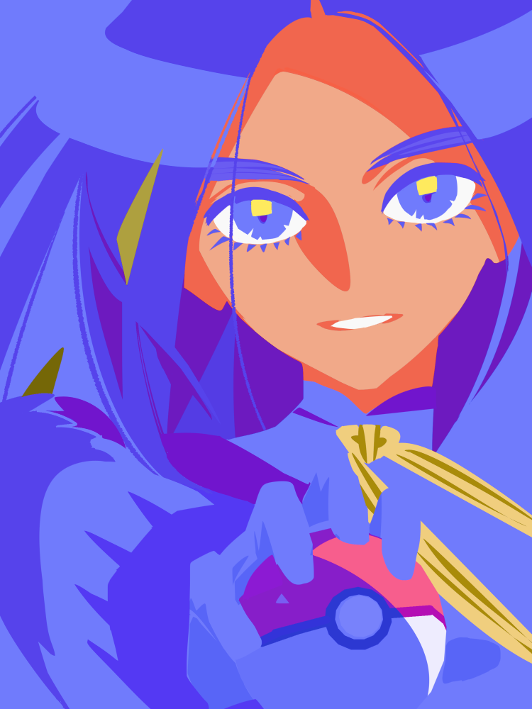 1girl blue_background blue_eyes blue_hair dark-skinned_female dark_skin eyelashes geeta_(pokemon) holding holding_poke_ball logi_bunbukucha nintendo poke_ball poke_ball_(basic) pokemon pokemon_sv simple_background smile solo