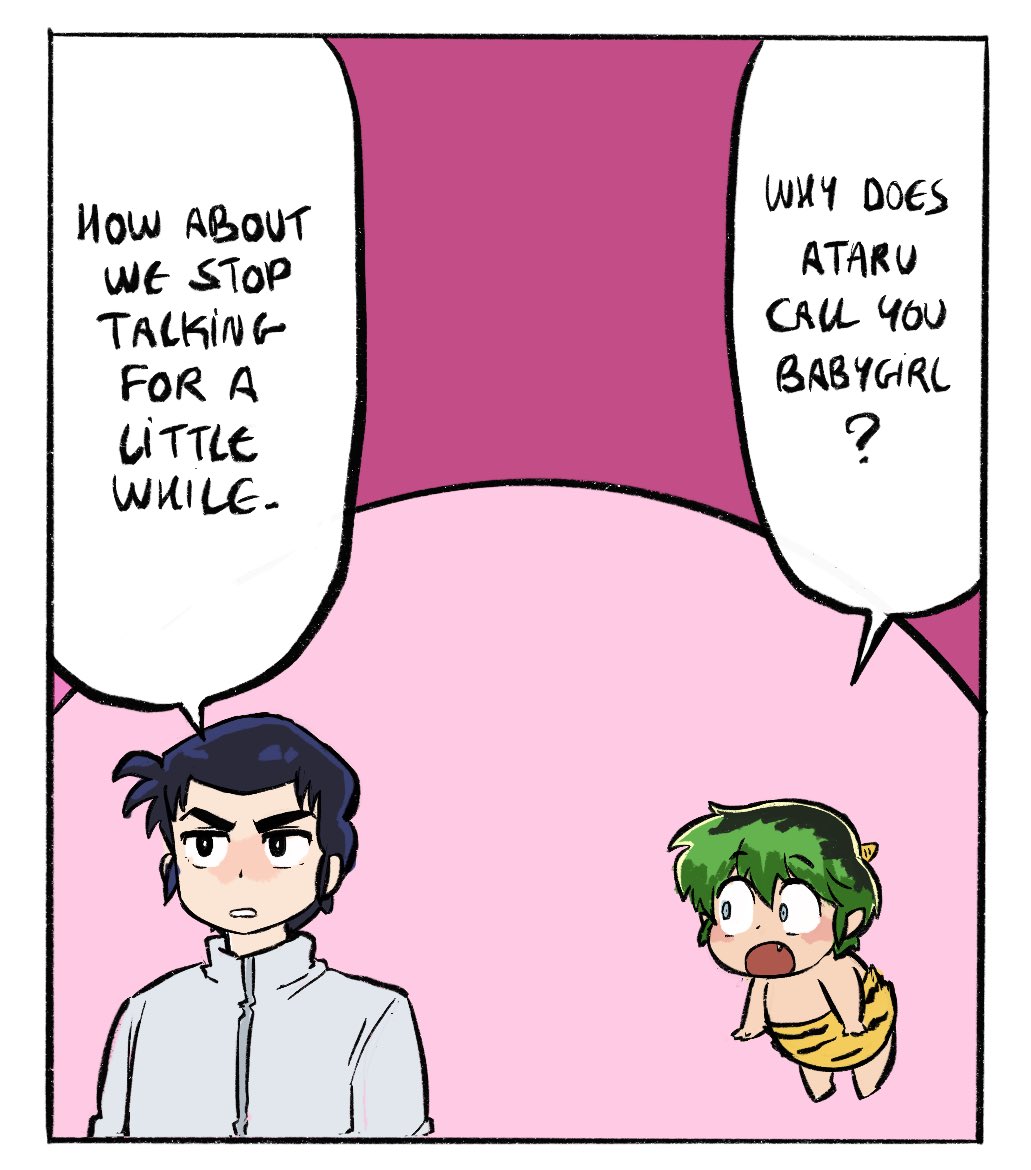 1koma 2boys animal_print black_eyes black_hair blue_eyes comic duck_etc english_text fang green_hair male_focus meme mendou_shuutarou multiple_boys non-web_source oni pink_background speech_bubble talking ten_(urusei_yatsura) tiger_print topless_male why_does_x_call_you_babygirl?_(meme)