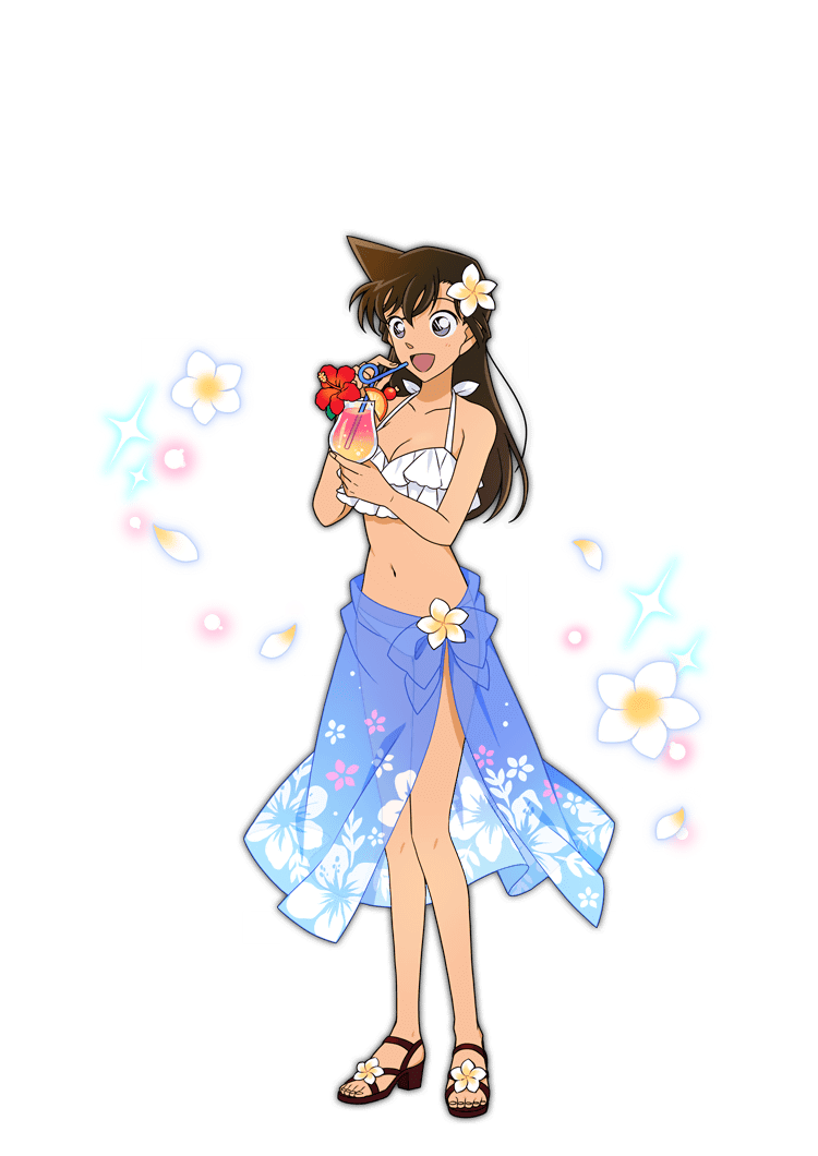 1girl :d bikini black_hair blue_sarong breasts brown_sandals cleavage collarbone crossed_bangs cup drinking_glass drinking_straw falling_petals floral_print_sarong flower frilled_bikini frills full_body hair_flower hair_ornament halterneck hibiscus holding holding_cup hurricane_glass long_hair looking_at_object meitantei_conan mouri_ran navel non-web_source official_art open_mouth petals red_flower sandals sarong see-through_clothes see-through_sarong smile solo sparkle standing swimsuit transparent_background white_bikini white_flower white_petals