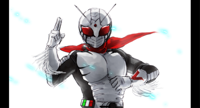 1boy antennae bad_id bad_pixiv_id kamen_rider kamen_rider_super-1 kamen_rider_super-1_(series) male_focus scarf solo white_background yoshi_susuki
