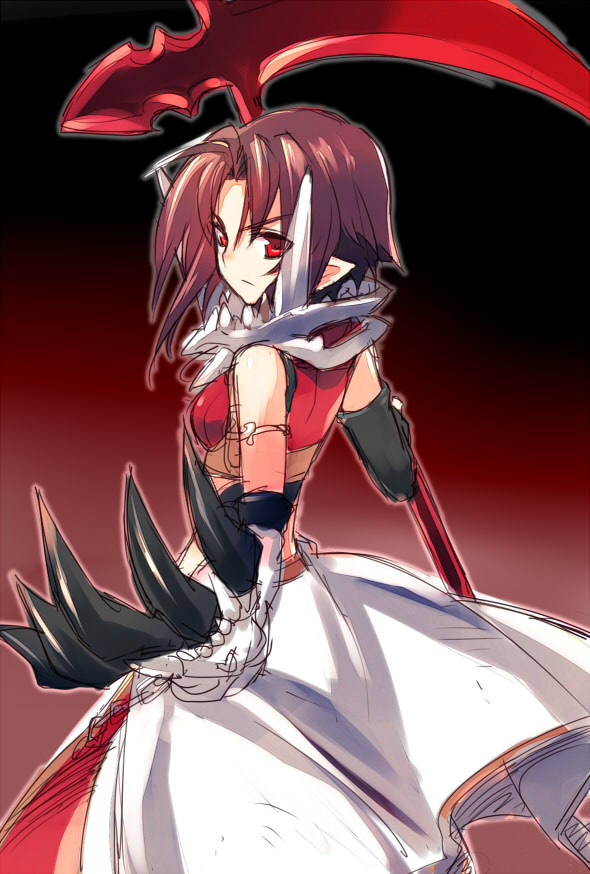 1girl armor armored_dress black_background brown_hair claws dress expressionless female_focus gradient_background hiro_(spectral_force) looking_back pointy_ears red_background red_eyes scythe short_hair sketch solo spectral_(series) spectral_force spectral_vs_generation wanko_(pixiv) wanko_(takohati8) white_dress