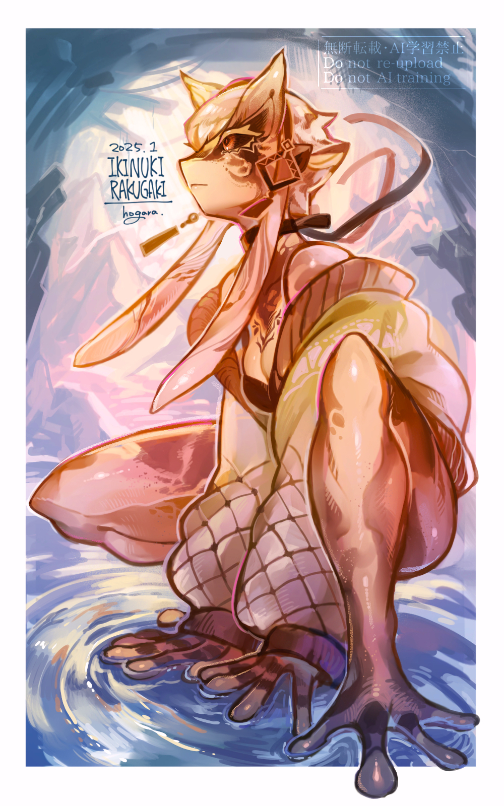 1girl brown_sclera colored_eyelashes colored_sclera commentary_request frog_girl full_body green_jacket highres hogara jacket long_hair looking_to_the_side monster_girl orange_eyes original outdoors pointy_ears sidelocks solo squatting standing water