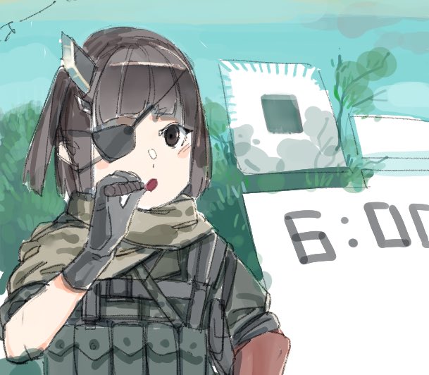 1girl :o black_eyes black_gloves black_shirt brown_hair bulletproof_vest cigar commentary_request cosplay gloves grass holding holding_cigar jaggy_lines kaerudouhu looking_at_viewer metal_gear_(series) metal_gear_solid_v:_the_phantom_pain open_mouth shirt short_hair solo touhoku_kiritan upper_body venom_snake venom_snake_(cosplay) voiceroid