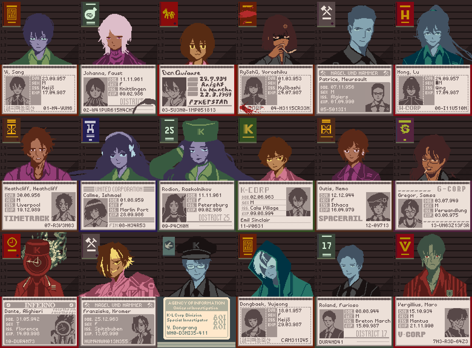 6+boys 6+girls armor character_name cigarette dante_(limbus_company) don_quixote_(project_moon) dongbaek_(project_moon) dongrang_(project_moon) faust_(project_moon) frown gregor_(project_moon) hat heathcliff_(project_moon) hong_lu_(project_moon) ishmael_(project_moon) kromer_(project_moon) limbus_company long_hair looking_at_viewer medium_hair messy_hair meursault_(project_moon) multiple_boys multiple_girls one_eye_covered outis_(project_moon) papers_please passport ponytail project_moon redm0e rodion_(project_moon) roland_(project_moon) ryoshu_(project_moon) serious short_hair sinclair_(project_moon) smile vergilius_(project_moon) yi_sang_(project_moon)