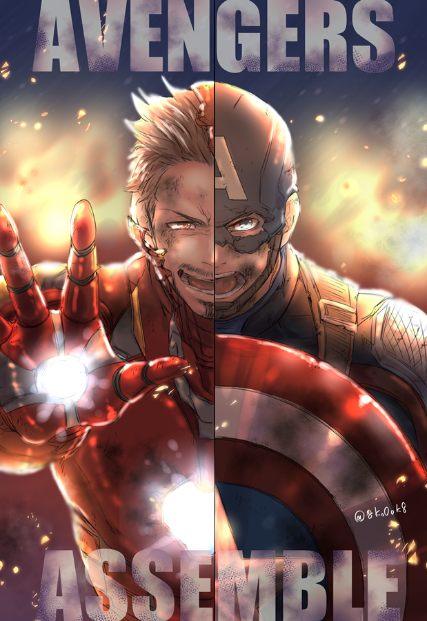 2boys animification arc_reactor armor artist_name avengers:_endgame avengers_(series) blue_bodysuit blue_eyes bodysuit brown_eyes brown_hair captain_america commentary_request english_text facial_hair full_armor helmet holding holding_shield iron_man looking_at_viewer male_focus marvel marvel_cinematic_universe multiple_boys open_mouth power_armor red_armor shield short_hair star_(symbol) steve_rogers superhero_costume teeth tokina_(okawari_gohan) tony_stark upper_body v-shaped_eyebrows