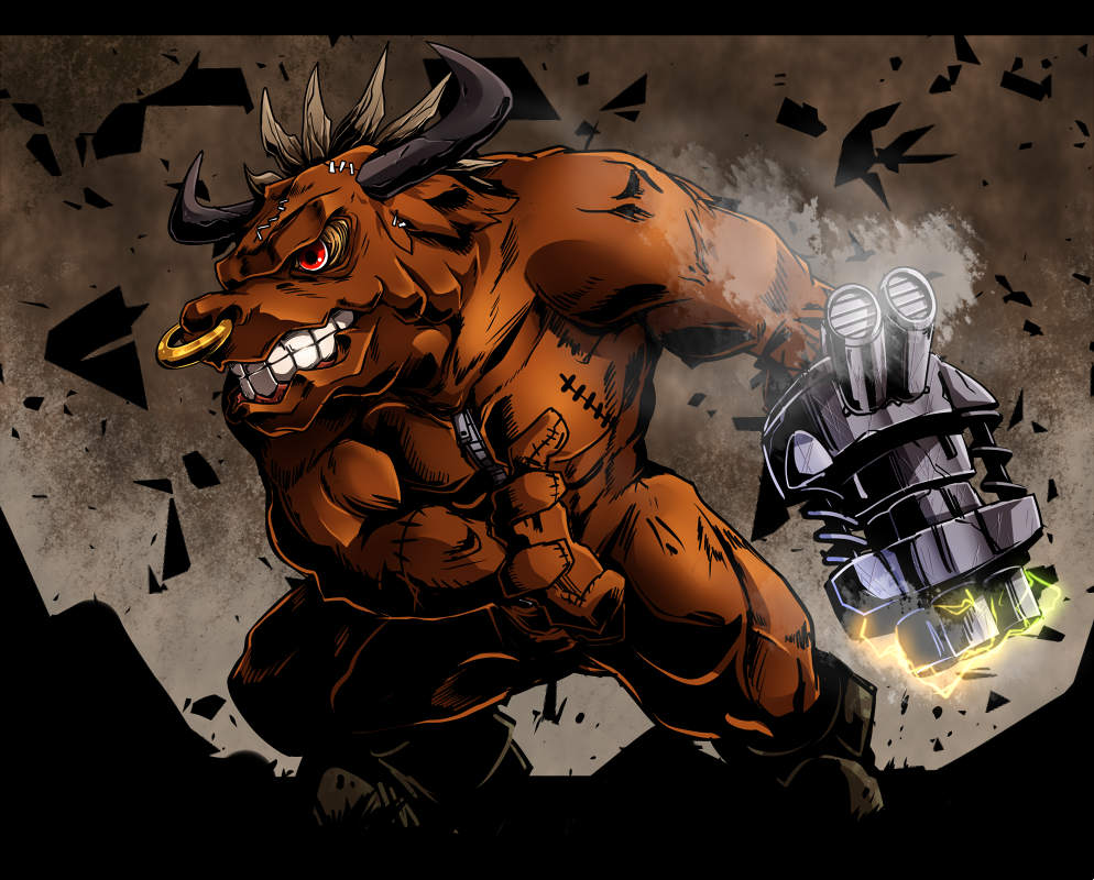 cannon digimon digimon_(creature) horns minotaurmon muscular muscular_male red_eyes solo
