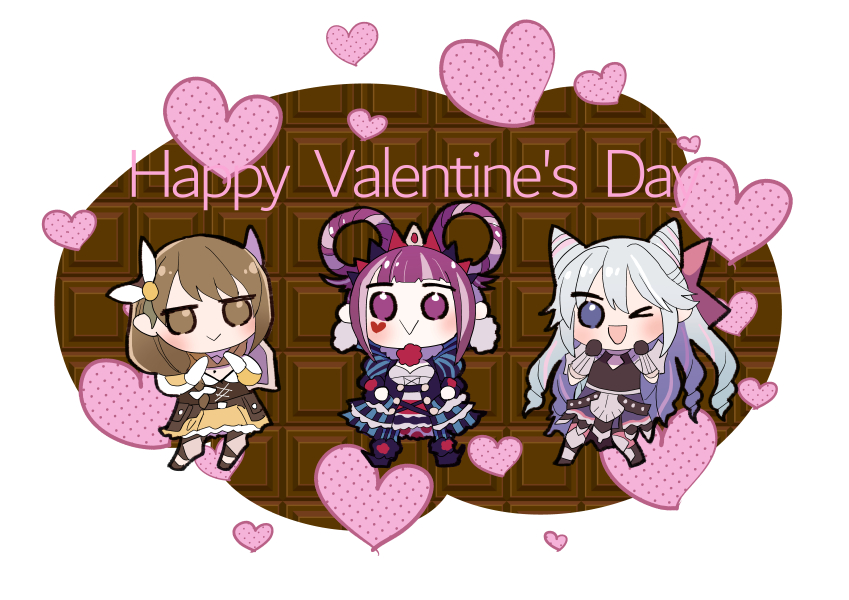 1boy 2girls androgynous black_corset blue_hair braid braided_ponytail cone_hair_bun corset cross-laced_clothes cross-laced_dress dress drill_hair facial_mark fire_emblem fire_emblem_engage folded_twintails fur_wrist_cuffs goldmary_(fire_emblem) hair_bun hair_flaps hair_horns hair_rings happy_valentine heart heart_facial_mark hortensia_(fire_emblem) multiple_girls nintendo ouzisamafe ribbon rosado_(fire_emblem) skirt striped_clothes striped_dress trap two-tone_pantyhose vertical-striped_clothes white_ribbon wrist_cuffs yellow_skirt