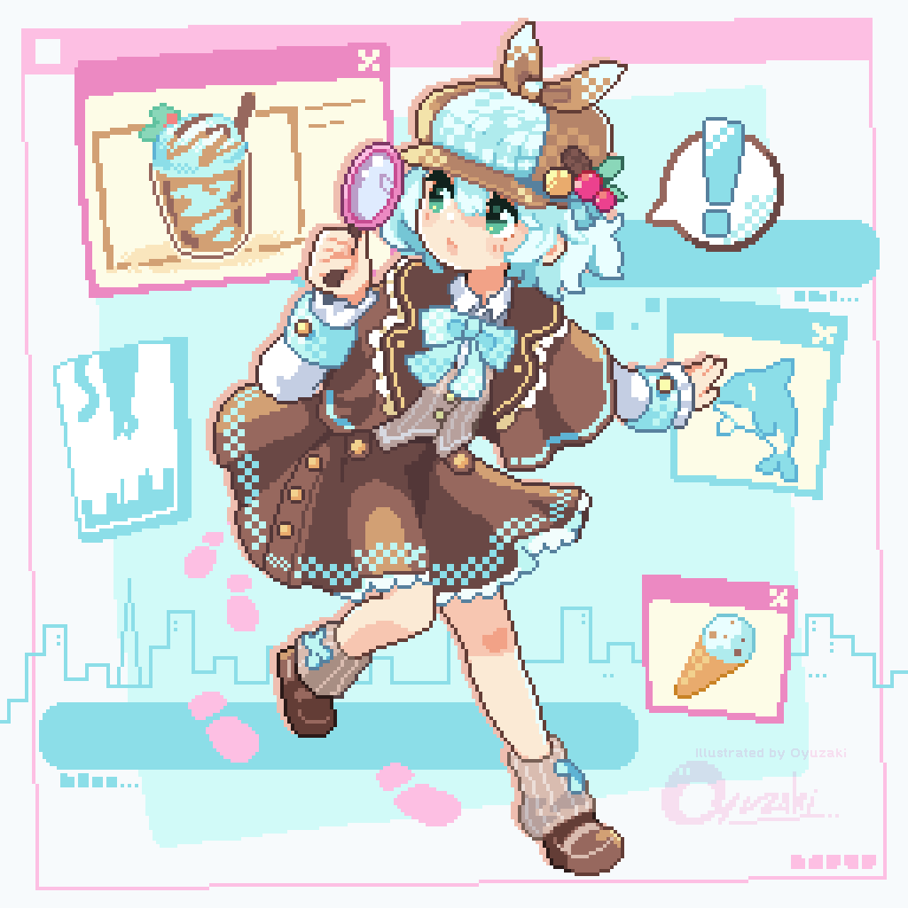 ! 1girl blue_bow blue_bowtie blue_hair blush bow bowtie brown_capelet brown_hat brown_shoes brown_skirt brown_socks capelet collared_shirt commentary frilled_skirt frills full_body green_eyes hat holding holding_magnifying_glass long_sleeves looking_to_the_side loose_socks magnifying_glass open_mouth original oyuzaki_(ayuzaki) pixel_art shirt shoes short_hair skirt socks solo spoken_exclamation_mark standing standing_on_one_leg white_shirt window_(computing)
