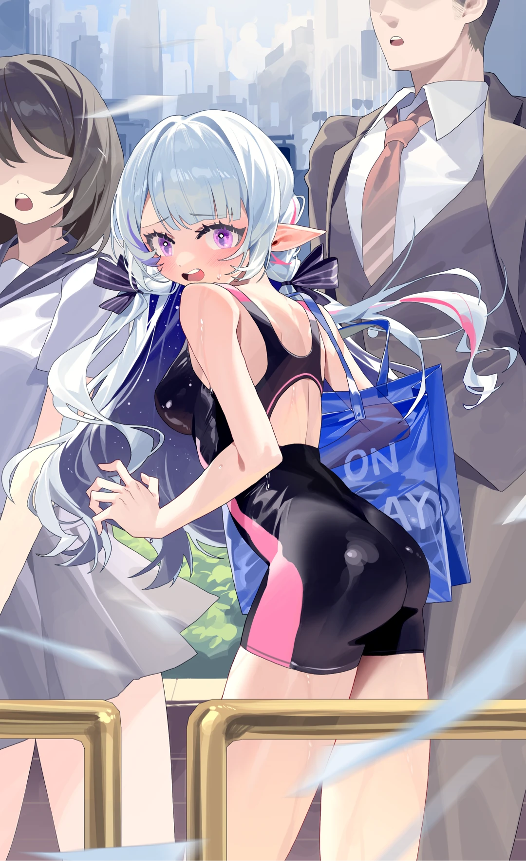1boy 2girls :o ass bag bare_arms bare_shoulders black_hair black_jacket black_one-piece_swimsuit black_pants black_suit blue_bag blue_bow blue_hair blue_sailor_collar bow breasts business_suit city collared_shirt colored_inner_hair commission cowboy_shot dark_blue_hair day embarrassed formal_clothes from_side furrowed_brow grey_skirt hair_bow highres jacket long_hair medium_breasts miniskirt multicolored_hair multiple_girls necktie nijisanji no_eyes omurice_(304975636) one-piece_swimsuit open_mouth outdoors pants people pink_hair pleated_skirt pointy_ears purple_eyes railing red_necktie rhea_(virtuareal) sailor_collar school_uniform second-party_source serafuku shirt short_hair shoulder_bag skirt streaked_hair suit suit_jacket swimsuit teeth turning_head upper_teeth_only virtual_youtuber virtuareal water_drop wet wet_face white_hair white_shirt
