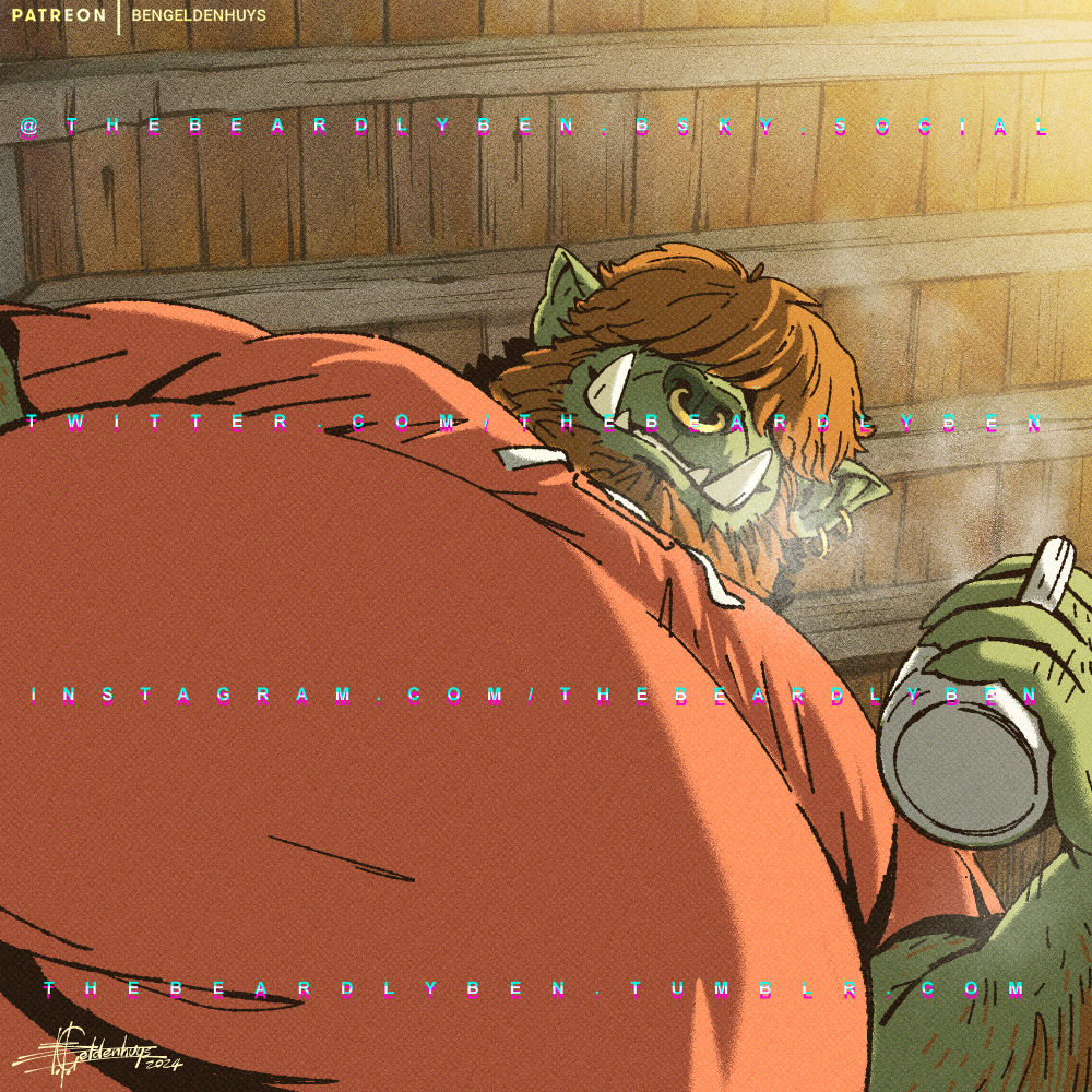 1boy bara barny_(ben_geldenhuys) beard ben_geldenhuys big_belly brown_fur chromatic_aberration cup dated dungeons_&amp;_dragons face_piercing facial_hair fat fat_man foreshortening full_beard gnoll hair_over_eyes large_pectorals looking_down male_focus mature_male meme mug nose_piercing nose_ring orc original patreon_username pec_pov_(meme) pectorals piercing signature smile solo standing steam thick_beard tusks upper_body watermark