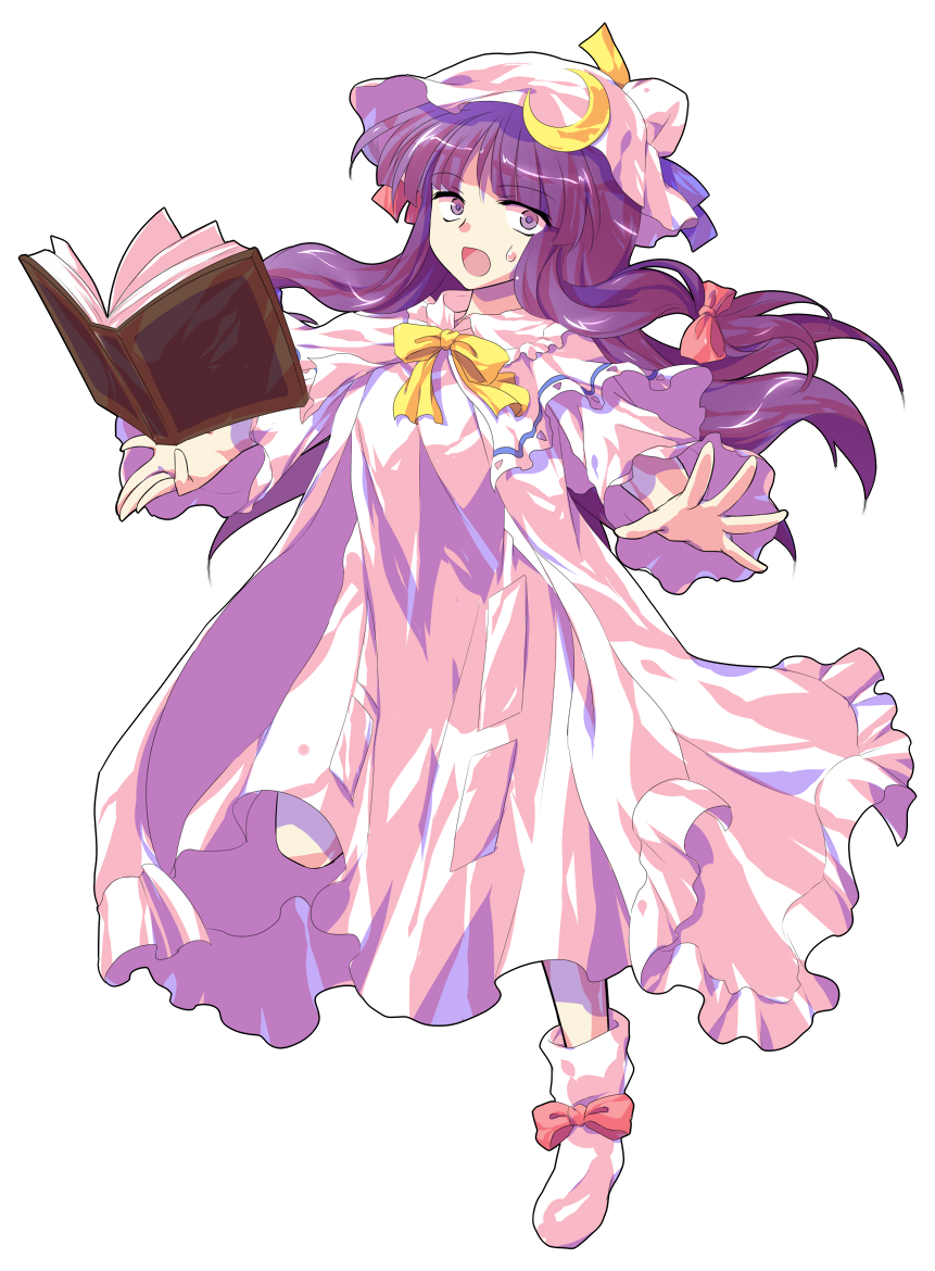 1girl alphes_(style) book capelet coat commentary_request crescent dairi floating floating_book floating_object full_body grimoire hair_ribbon hat large_variant_set long_hair long_sleeves looking_at_viewer open_clothes open_coat open_mouth outstretched_arms parody patchouli_knowledge purple_eyes purple_hair ribbon solo standing standing_on_one_leg style_parody sweatdrop tachi-e touhou transparent_background tress_ribbon variant_set very_long_hair wide_sleeves