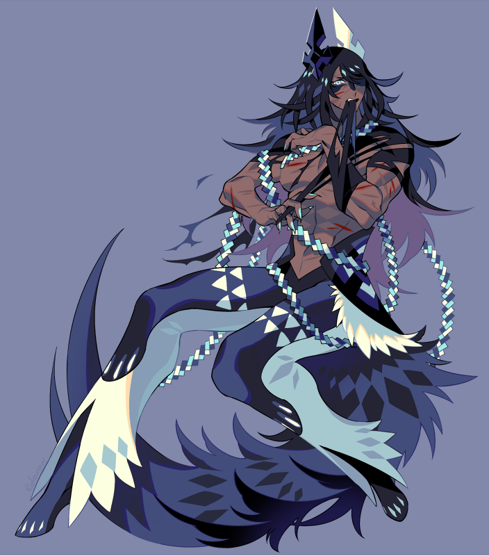 1boy 2017 animal_ears animal_feet black_hair blue_eyes blue_hair blue_nails clothes_in_mouth colored_inner_hair dark-skinned_male dark_skin edarow fake_animal_ears fang fingernails full_body hair_over_one_eye injury long_hair looking_at_viewer male_focus monster_boy multicolored_hair nail_polish original purple_background purple_hair scar scar_on_arm scar_on_chest scar_on_face scar_on_stomach sharp_fingernails signature solo tail tearing_clothes topless_male torn_clothes wolf_boy wolf_tail