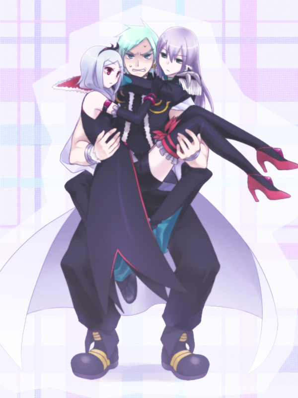 00s 1girl 2boys albino bare_shoulders bike_shorts black_gloves black_thighhighs cape carrying earrings eas_(fresh_precure!) elbow_gloves fresh_precure! gloves green_hair grey_hair grimace higashi_setsuna high_heels jewelry long_hair multiple_boys nishi_hayato nyakelap pants precure princess_carry purple_eyes purple_hair shoes short_hair souler souler_(fresh_precure!) sweat thighhighs wester wester_(fresh_precure!)