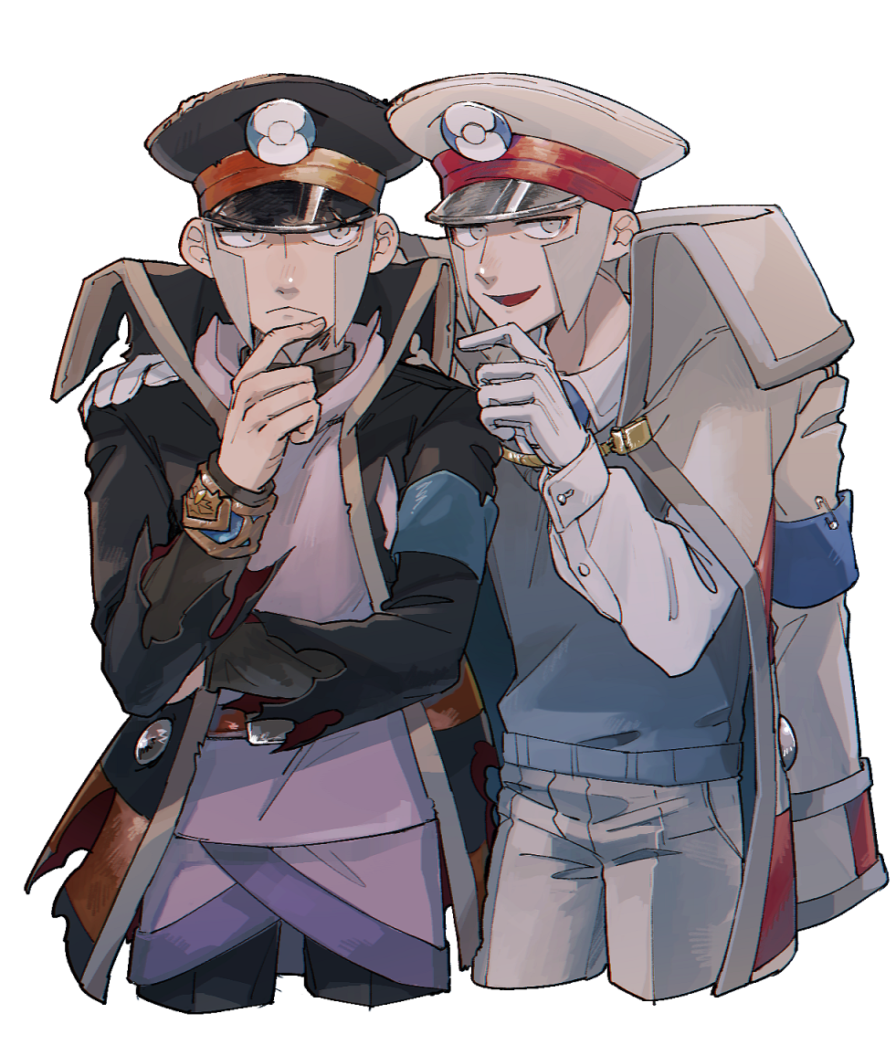 2boys akamtvahosi armband belt black_coat black_hat black_pants blue_armband blue_necktie blue_sweater_vest brothers brown_belt closed_mouth coat coat_on_shoulders collared_coat collared_shirt commentary_request cowboy_shot cropped_legs emmet_(pokemon) facial_hair frown gloves goatee grey_coat grey_eyes grey_hair grey_hat grey_pants hand_on_own_chin hand_up hat hood hoodie ingo_(pokemon) long_sleeves looking_at_viewer male_focus multiple_boys necktie nintendo open_clothes open_coat open_mouth pants peaked_cap pearl_clan_outfit pokemon pokemon_bw pokemon_legends:_arceus purple_hoodie shirt short_hair siblings sideburns simple_background smile striped_coat sweater_vest torn_clothes torn_coat twins white_background white_gloves white_shirt wing_collar