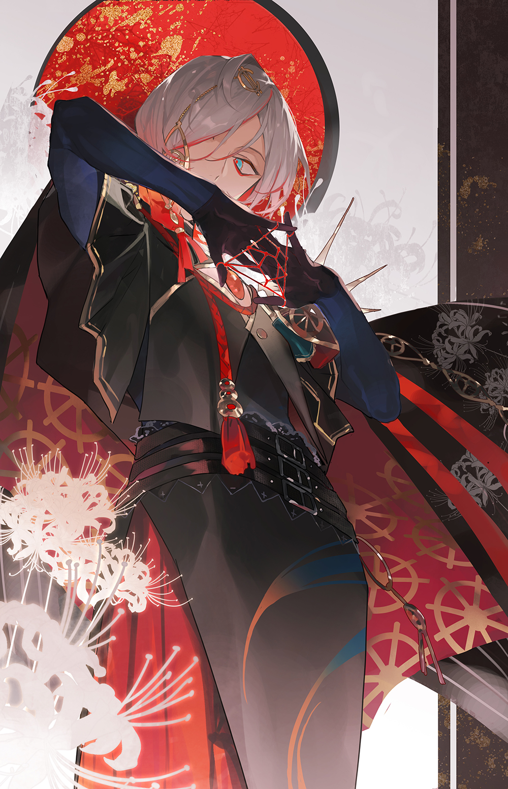 1boy aqua_eyes bbprism black_jacket cat&#039;s_cradle chest_jewel eyeshadow eyeshadow_under_eye fate/grand_order fate_(series) floral_print flower gradient_hair hair_ornament hair_over_one_eye highres jacket jewelry karna_(fate) karna_(fgo_fes._2025)_(fate) looking_at_viewer makeup male_focus medium_hair multicolored_hair pale_skin red_eyeshadow red_hair solo spider_lily spider_lily_print white_flower white_hair white_spider_lily