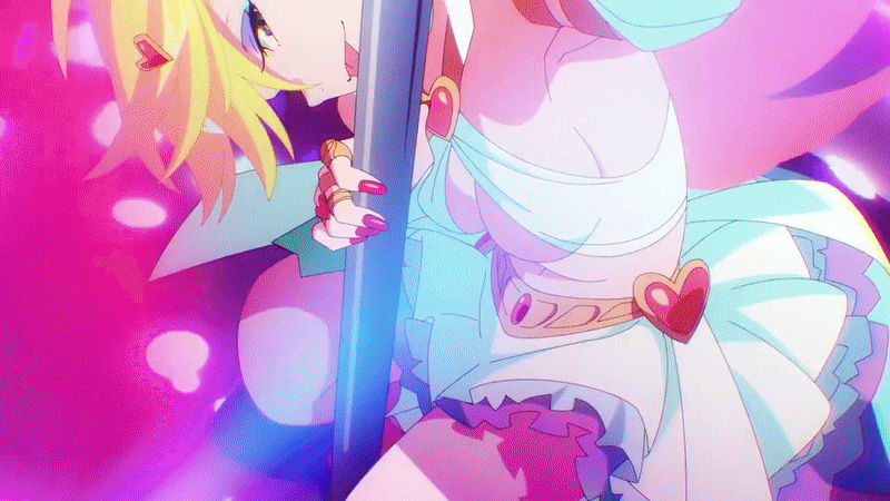 angel angel_girl angel_wings animated animated_gif anime_screenshot armlet blonde_hair breasts bridal_gauntlets cleavage earrings jewelry large_breasts long_hair looking_at_viewer navel panty_&amp;_stocking_with_garterbelt panty_(psg) pole pole_dancing ring skirt stripper_pole tongue tongue_out white_skirt wings
